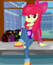 Size: 1199x1472 | Tagged: artist needed, source needed, safe, apple bloom, equestria girls, g4, bag, book, boots, canterlot high, female, shoes, sitting, solo