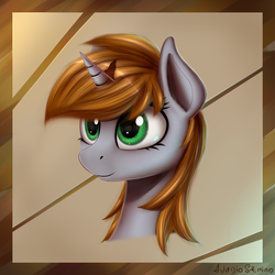 Size: 2200x2200 | Tagged: safe, artist:adagiostring, oc, oc only, oc:littlepip, pony, unicorn, fallout equestria, abstract background, bust, fanfic, fanfic art, female, high res, horn, mare, portrait, smiling, solo