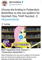 Size: 1079x1530 | Tagged: safe, fluttershy, equestria girls, fluttershy's butterflies, g4, my little pony equestria girls: better together, equestria girls logo, meta, nick confalone, text, twitter