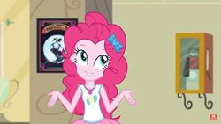 Size: 498x280 | Tagged: safe, screencap, pinkie pie, equestria girls, fluttershy's butterflies, g4, my little pony equestria girls: better together, my little pony equestria girls: choose your own ending, female, geode of sugar bombs, magical geodes, shrug, solo