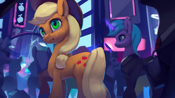Size: 1200x675 | Tagged: safe, artist:rodrigues404, applejack, earth pony, pony, unicorn, g4, applejack's hat, background pony, cellphone, city, clothes, cowboy hat, female, freckles, glowing horn, hat, horn, magic, mare, necktie, pants, phone, shirt, silhouette, stetson, suit, telekinesis