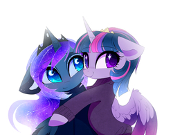 Size: 2197x1711 | Tagged: safe, artist:magnaluna, princess luna, twilight sparkle, alicorn, pony, clothes, cute, duo, female, floppy ears, heart eyes, hug, lunabetes, mare, simple background, smiling, starry eyes, sweater, twiabetes, twilight sparkle (alicorn), white background, wingding eyes