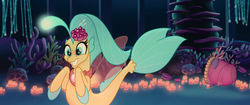 Size: 1920x804 | Tagged: safe, screencap, princess skystar, seapony (g4), g4, my little pony: the movie, bioluminescent, blue eyes, blushing, bubble, coral, cropped, cute, dorsal fin, female, fin, fin wings, fins, fish tail, floppy ears, flower, flower in hair, flowing mane, flowing tail, freckles, glowing, grin, happy, jewelry, necklace, ocean, open mouth, pearl necklace, seaquestria, seashell, seaweed, skyabetes, smiling, solo, squee, swimming, tail, underwater, water, wings