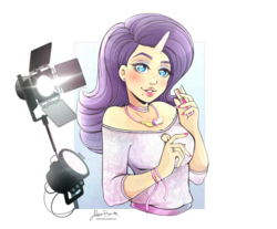 Size: 1024x849 | Tagged: safe, artist:viviennecorner, rarity, human, g4, clothes, female, horn, horned humanization, humanized, looking at you, nail polish, smiling, solo, stagelights
