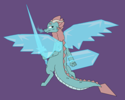 Size: 1525x1221 | Tagged: safe, dragon, adult cindy, cindy the dragon, future cindy, ice dragon, ice wings, purple background, shield, simple background, sword, weapon