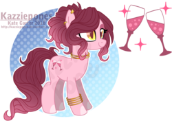 Size: 1024x735 | Tagged: safe, artist:kazziepones, oc, oc only, oc:champagne, earth pony, pony, bracelet, cutie mark, ear piercing, earring, female, jewelry, lidded eyes, mare, piercing, reference sheet, show accurate, simple background, smiling, solo, transparent background, watermark