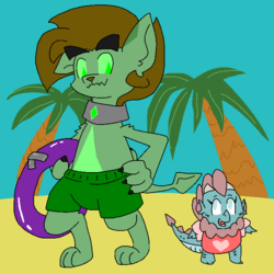 Size: 700x700 | Tagged: safe, artist:ask-wisp-the-diamond-dog, artist:wisp the diamond dog, oc, oc only, oc:cindy, oc:wisp, diamond dog, dragon, baby, baby dragon, beach, cindy the baby dragon, cindy the dragon, clothes, ice dragon, swimsuit