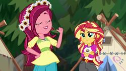 Size: 1280x720 | Tagged: safe, gloriosa daisy, sunset shimmer, equestria girls, g4, my little pony equestria girls: legend of everfree, camp everfree outfits, clothes, duo, floral head wreath, flower, shorts, tent