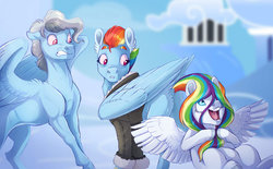 Size: 1280x793 | Tagged: safe, artist:vindhov, rainbow dash, oc, oc:haywire, oc:silver lining (vindhov), pegasus, pony, g4, bags under eyes, bomber jacket, butt, clothes, disguise, female, fluffy, half-siblings, interspecies offspring, irrational exuberance, jacket, mare, mother and daughter, offspring, older, parent:discord, parent:rainbow dash, parents:discodash, parents:windash, plot, smiling, trio