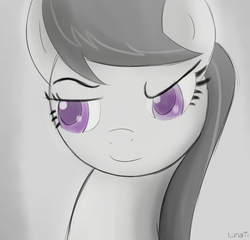 Size: 2029x1945 | Tagged: safe, artist:lunalewdie, octavia melody, earth pony, pony, g4, ears, eyebrows, eyelashes, face, female, gray background, mane, purple eyes, simple background, smiling, solo