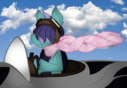 Size: 1652x1140 | Tagged: safe, artist:thecreativeenigma, oc, oc only, oc:allumni, earth pony, pony, aviator goggles, base used, clothes, cloud, female, hair over eyes, mare, plane, scarf, solo
