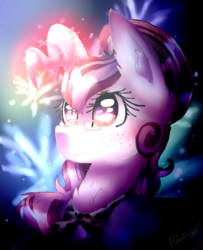 Size: 1404x1732 | Tagged: safe, artist:6-fingers-lover, oc, oc only, oc:ginger hoof, pony, unicorn, augmented horn, bust, female, fireworks, horn, mare, portrait, solo