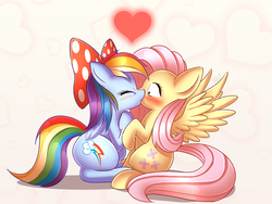 Size: 1600x1200 | Tagged: safe, artist:phoenixperegrine, fluttershy, rainbow dash, pegasus, pony, g4, blushing, bow, cute, dashabetes, duo, duo female, eyes closed, female, hair bow, heart, kiss on the lips, kissing, lesbian, mare, ship:flutterdash, shipping, shyabetes, sitting, spread wings, surprise kiss, surprised, wingboner, wings