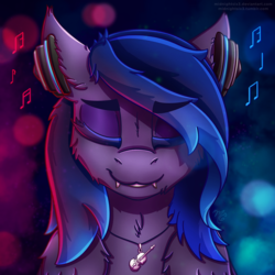 Size: 1500x1500 | Tagged: safe, artist:midnightsix3, oc, oc only, oc:nyreen eventide, bat pony, pony, bat pony oc, eyes closed, headphones, listening, music, music notes, musical instrument, necklace, signature, solo, violin
