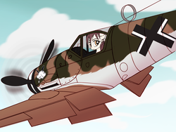 Size: 1649x1241 | Tagged: safe, artist:lunebat, pony, bf109, bow, female, flying, getrude barkhorn, looking at you, looking back, mare, plane, strike witches