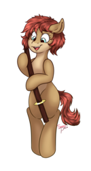 Size: 1600x2990 | Tagged: safe, artist:snowpaca, oc, oc only, oc:ruby noi, earth pony, pony, female, filly, happy, katana, mare, open mouth, simple background, smiling, solo, sword, transparent background, weapon, younger