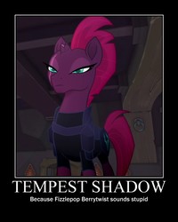 Size: 600x750 | Tagged: safe, edit, edited screencap, screencap, fizzlepop berrytwist, tempest shadow, pony, g4, my little pony: the movie, colored pupils, demotivational poster, female, meme, motivational poster, name, op is a duck, op is trying to start shit, solo, text