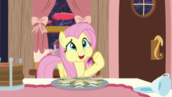 Size: 1280x720 | Tagged: safe, screencap, fluttershy, pegasus, pony, discordant harmony, g4, chubby cheeks, cute, female, food, mare, open mouth, sandwich, shyabetes, smiling, solo