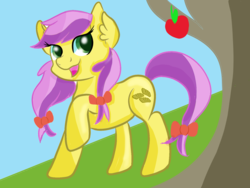 Size: 1600x1200 | Tagged: safe, artist:rainbowtashie, lavender fritter, earth pony, pony, g4, apple, colored pupils, food, open mouth, pigtails, raised hoof, smiling, solo, tree