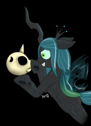 Size: 968x1342 | Tagged: dead source, safe, artist:roxenmaratoun, queen chrysalis, changeling, changeling queen, pony, unicorn, g4, black background, boop, evil, evil grin, female, floppy ears, grin, holes, horn, insect wings, sharp teeth, simple background, skull, smiling, teeth, wings