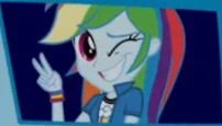 Size: 202x115 | Tagged: safe, screencap, rainbow dash, equestria girls, g4, my little pony equestria girls: legend of everfree, cropped, cute, dashabetes, female, one eye closed, peace sign, picture for breezies, wink