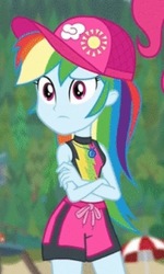 Size: 344x572 | Tagged: safe, screencap, pinkie pie, rainbow dash, equestria girls, equestria girls specials, g4, my little pony equestria girls: better together, my little pony equestria girls: forgotten friendship, clothes, cropped, crossed arms, female, rainbow dash's beach shorts swimsuit, swimming trunks, swimsuit
