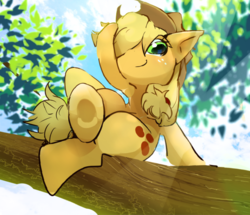 Size: 600x516 | Tagged: safe, artist:youhoujou, applejack, earth pony, pony, g4, cowboy hat, cute, female, hat, jackabetes, looking at you, mare, smiling, solo, tree