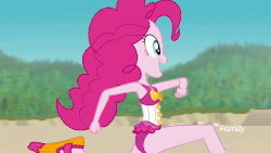 Size: 960x540 | Tagged: safe, screencap, pinkie pie, equestria girls, equestria girls specials, g4, my little pony equestria girls: better together, my little pony equestria girls: forgotten friendship, animated, clothes, cute, diapinkes, discovery family logo, female, running, solo, swimsuit