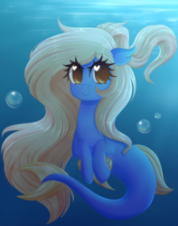 Size: 3147x4000 | Tagged: safe, artist:fluffymaiden, oc, oc only, oc:asaki, monster pony, pony, sea pony, seapony (g4), bubble, crepuscular rays, cute, eyelashes, female, fish tail, flowing tail, heart eyes, high res, looking at you, mare, ocbetes, ocean, seaponified, smiling, smiling at you, solo, species swap, sunlight, tail, underwater, water, wide eyes, wingding eyes, yellow mane