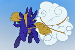 Size: 1199x800 | Tagged: safe, artist:sweetsismagic, oc, oc only, oc:cloud quake, pegasus, pony, flying, pulling, rope, simple background, solo