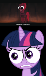 Size: 1342x2222 | Tagged: safe, edit, edited screencap, screencap, fizzlepop berrytwist, tempest shadow, twilight sparkle, g4, my little pony: the movie, crossing the memes, googly eyes, implied staring contest, meme, open up your *very* eyes, open up your eyes, special eyes, staring contest