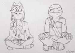 Size: 640x459 | Tagged: safe, artist:elioo, equestria girls, g4, crossover, crossover shipping, leonardo, meditating, one eye closed, ponied up, shipping, teenage mutant ninja turtles, tmnt 2012, traditional art