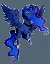 Size: 829x1050 | Tagged: safe, artist:hikariviny, princess luna, alicorn, pony, g4, blushing, female, flying, gray background, horn, looking at you, mare, one eye closed, princess, simple background, smiling, solo, wings, wink