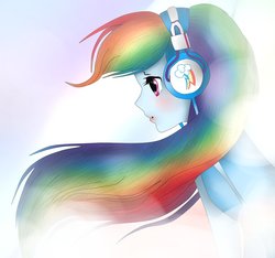 Size: 923x865 | Tagged: safe, artist:twilylove, rainbow dash, equestria girls, g4, anime, anime style, blushing, cloud, cloudy, female, headphones, multicolored hair, rainbow hair, solo