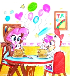 Size: 1413x1529 | Tagged: safe, artist:liaaqila, pinkie pie, scootaloo, monkey, equestria girls, g4, animal costume, balloon, chicken suit, clothes, costume, cutie mark, eating, food, fork, kigurumi, painting, pancakes, scootachicken, scootalove, table, the cmc's cutie marks, traditional art, whipped cream