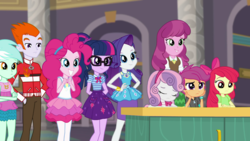 Size: 1280x720 | Tagged: safe, screencap, apple bloom, cheerilee, heath burns, lyra heartstrings, pinkie pie, rarity, sci-twi, scootaloo, sweetie belle, twilight sparkle, equestria girls, g4, my little pony equestria girls: better together, school of rock, background human, clothes, cutie mark crusaders, female, geode of shielding, geode of sugar bombs, geode of telekinesis, male, pantyhose, rah rah skirt, sci-twi skirt, skirt