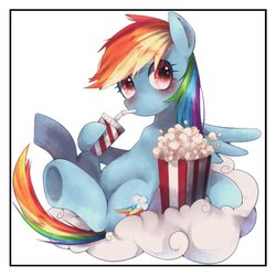 Size: 638x638 | Tagged: safe, artist:setoya, rainbow dash, pegasus, pony, g4, cloud, female, food, mare, popcorn, simple background, soda, solo, white background