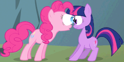 Size: 1396x701 | Tagged: safe, screencap, pinkie pie, twilight sparkle, earth pony, pony, unicorn, feeling pinkie keen, g4, duo, eye bulging, eye contact, gif, looking at each other, looking at someone, non-animated gif, unicorn twilight