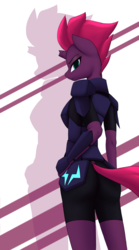 Size: 1931x3471 | Tagged: safe, artist:anearbyanimal, tempest shadow, anthro, g4, my little pony: the movie, armor, broken horn, butt, female, horn, plot, simple background, solo, tail, tail hole