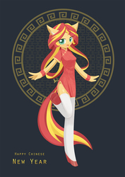 Size: 850x1200 | Tagged: safe, artist:howxu, sunset shimmer, unicorn, anthro, g4, cheongsam, clothes, female, mare, raised leg, shoes, smiling, solo, stockings, thigh highs