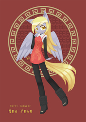Size: 850x1200 | Tagged: safe, artist:howxu, derpy hooves, pegasus, anthro, g4, cheongsam, clothes, female, high heels, mare, pants, shoes, solo