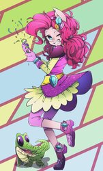 Size: 1085x1800 | Tagged: safe, artist:setoya, gummy, pinkie pie, parasprite, equestria girls, g4, my little pony equestria girls: legend of everfree, clothes, crystal guardian, cute, diapinkes, female, gem, gloves, jumping, one eye closed, party popper, ponied up, redraw, shoes, solo, wink