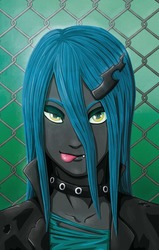 Size: 508x800 | Tagged: safe, artist:villaincorner, queen chrysalis, human, equestria girls, g4, clothes, collar, equestria girls-ified, fangs, female, hairpin, jacket, looking at you, smiling, solo, tongue out
