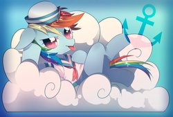 Size: 2039x1377 | Tagged: safe, artist:setoya, rainbow dash, pegasus, pony, g4, cloud, female, looking at you, mare, sailor uniform, solo, tongue out