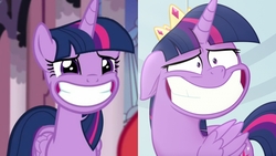 Size: 3643x2048 | Tagged: safe, edit, screencap, sunset shimmer, twilight sparkle, alicorn, pony, unicorn, equestria girls, equestria girls series, forgotten friendship, g4, my little pony: the movie, comparison, crown, faic, floppy ears, forced smile, grin, high res, jewelry, nervous, nervous smile, regalia, smiling, twilight sparkle (alicorn), why
