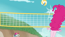 Size: 764x434 | Tagged: safe, screencap, pinkie pie, rainbow dash, equestria girls, equestria girls series, forgotten friendship, g4, beach, clothes, deflecting, female, net, playing, reference, scott sterling, smack, sports, swimsuit, volleyball