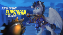 Size: 1559x872 | Tagged: safe, artist:tangomangoes, oc, oc:slipstream, pegasus, pony, clothes, commission, cosplay, costume, junkrat, male, overwatch, play of the game, rearing, solo