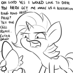Size: 1650x1650 | Tagged: safe, artist:tjpones, rarity, spike, dragon, pony, unicorn, comic:hindsight is 2020, g4, age difference, dialogue, duo, duo male and female, female, grayscale, male, mare, missing cutie mark, monochrome, one sided shipping, raribitch, sarcasm, shipping denied, simple background, sketch, straight, unrequited, white background