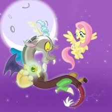 Size: 225x225 | Tagged: safe, artist:gembutterfly, discord, fluttershy, draconequus, pegasus, pony, g4, flying, moon