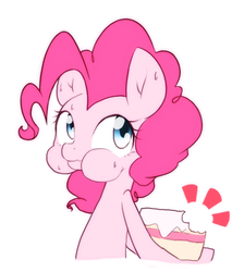 Size: 1832x2048 | Tagged: safe, artist:akainu_pony, pinkie pie, g4, cake, caught, female, food, simple background, solo, sweat, white background